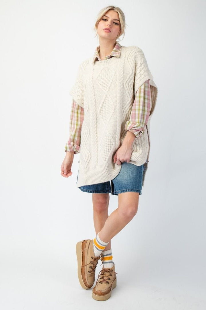 Easel Cable Knit Sweater Sleeveless Oversized Tunic Vest