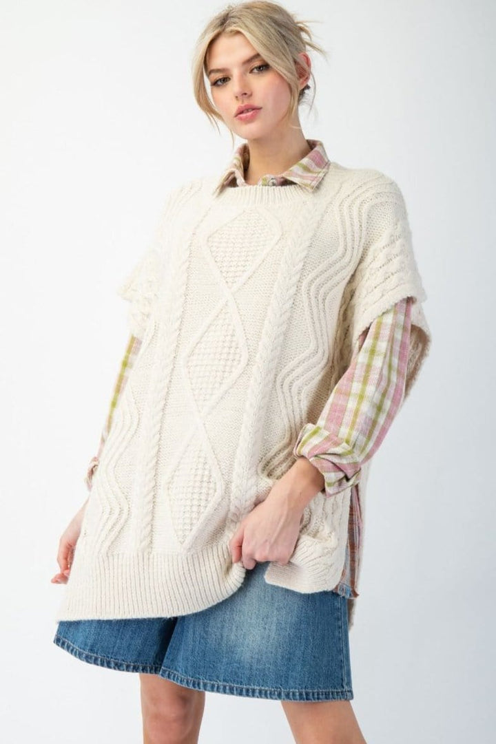 Easel Cable Knit Sweater Sleeveless Oversized Tunic Vest