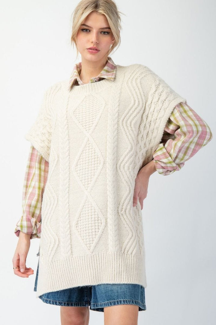 Easel Cable Knit Sweater Sleeveless Oversized Tunic Vest