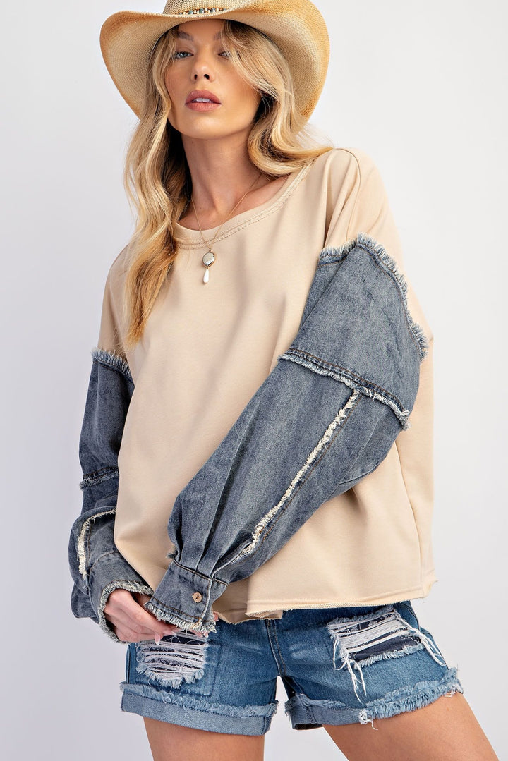 Easel Denim Sleeve Terry Knit Washed Pullover