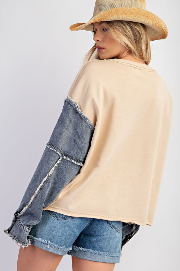 Easel Denim Sleeve Terry Knit Washed Pullover