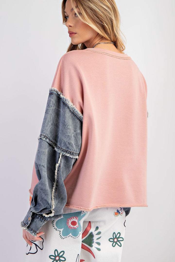 Easel Denim Sleeve Terry Knit Washed Pullover