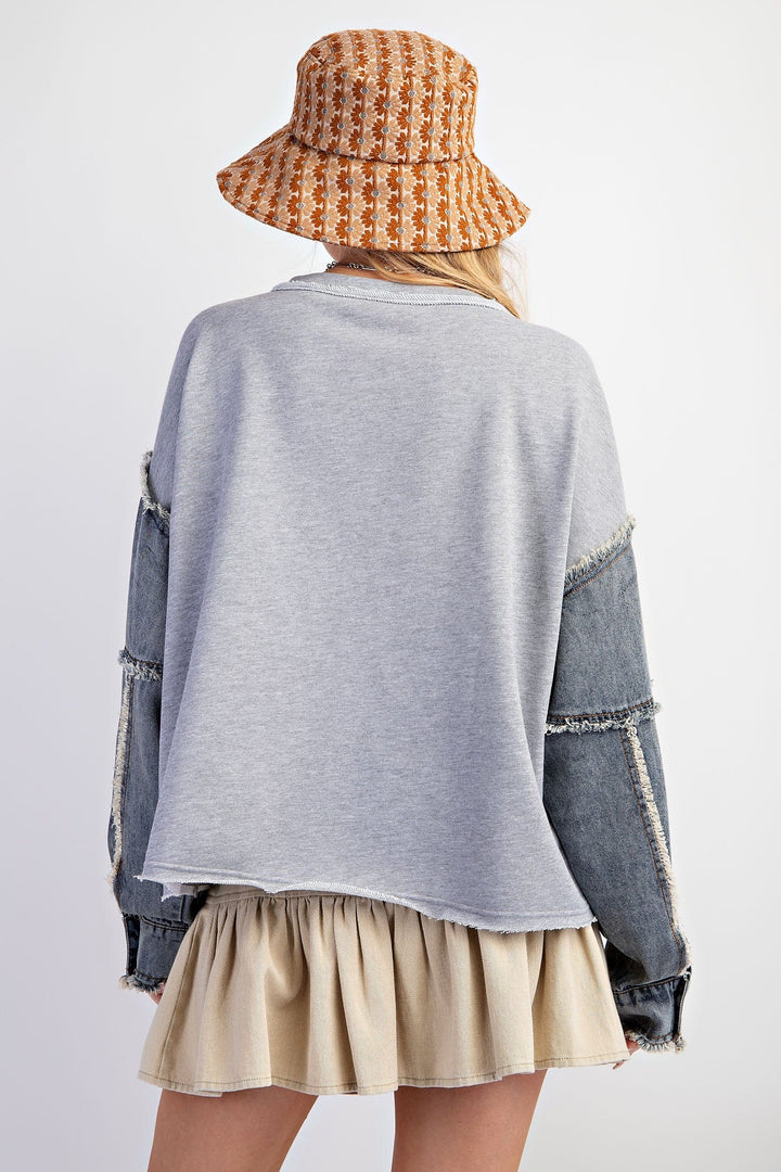 Easel Denim Sleeve Terry Knit Washed Pullover