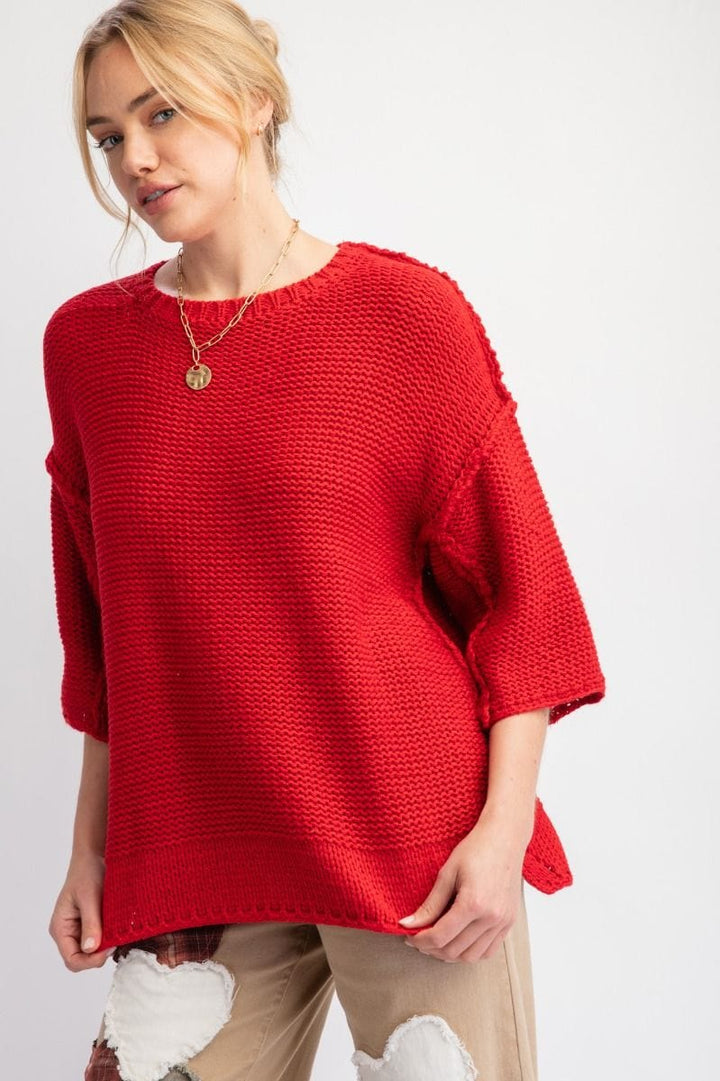 Easel Dolman Sleeve Inside Out Hem Knit Boxy Sweater Top