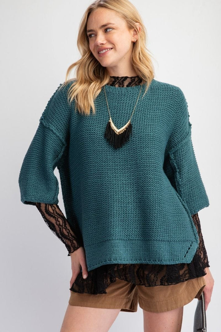 Easel Dolman Sleeve Inside Out Hem Knit Boxy Sweater Top