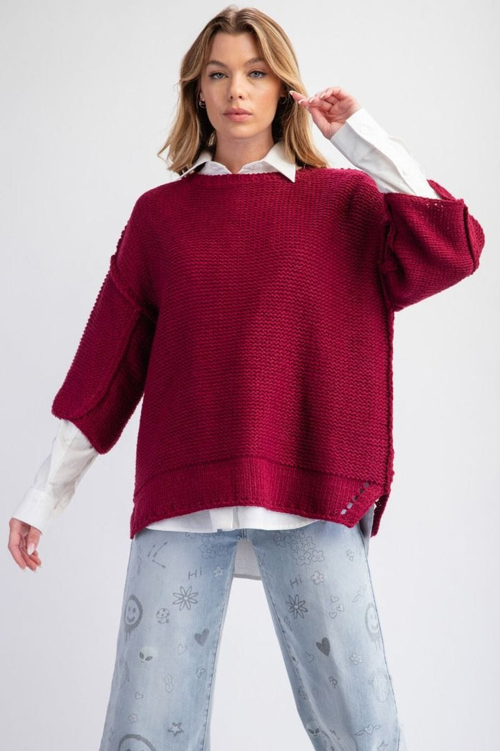 Easel Dolman Sleeve Inside Out Hem Knit Boxy Sweater Top