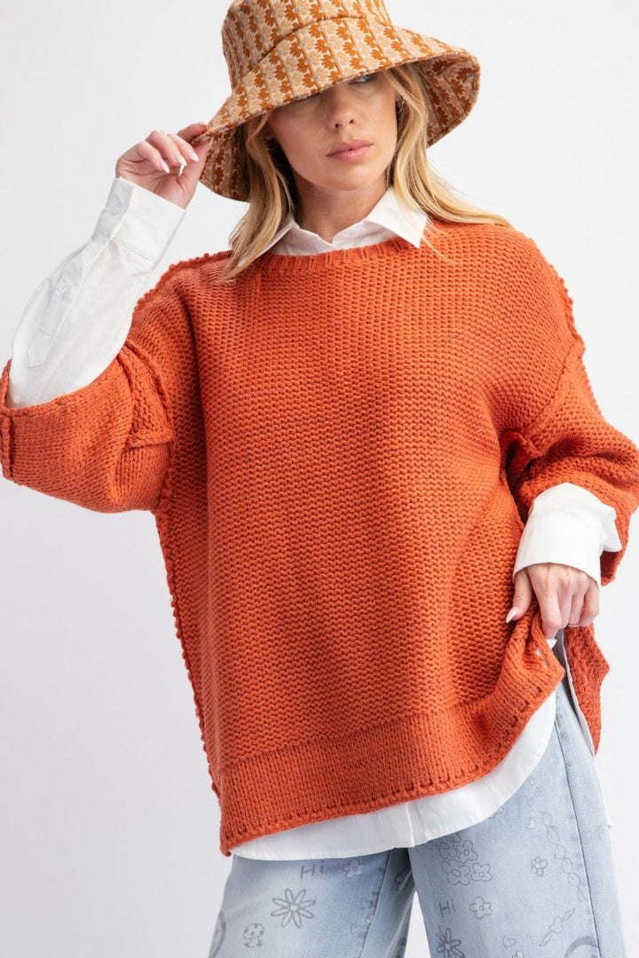 Easel Dolman Sleeve Inside Out Hem Knit Boxy Sweater Top