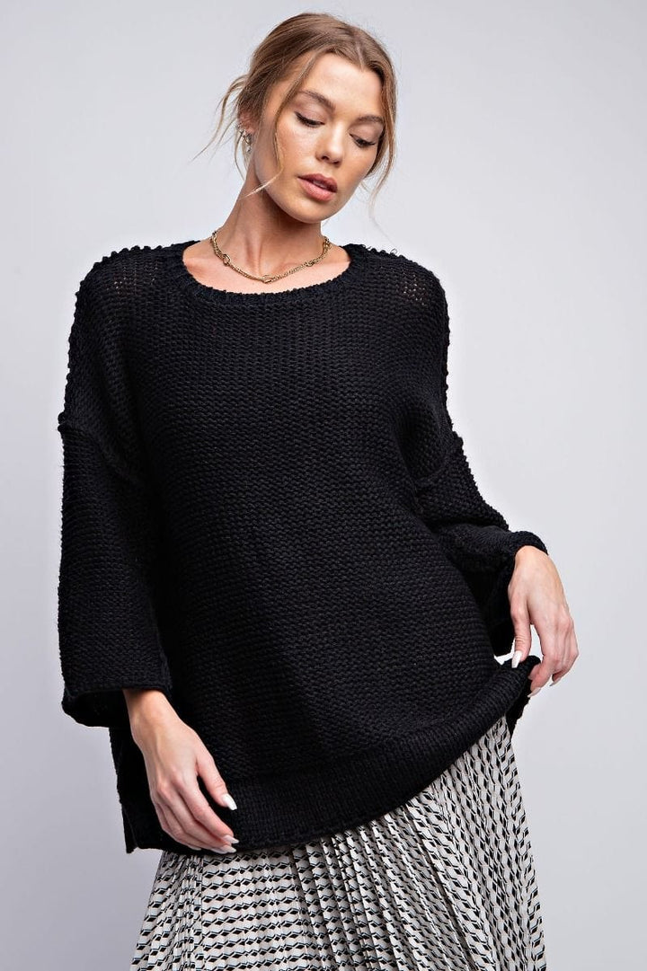 Easel Dolman Sleeve Inside Out Hem Knit Boxy Sweater Top