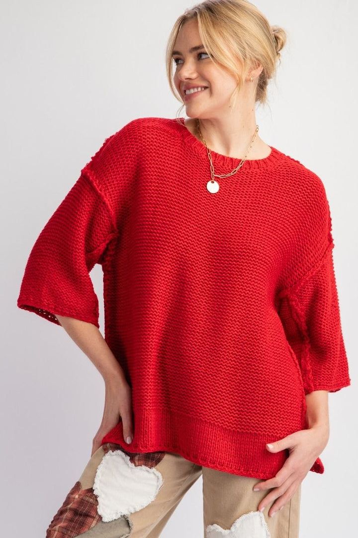 Easel Dolman Sleeve Inside Out Hem Knit Boxy Sweater Top