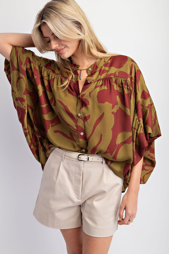 Easel Dolman Sleeve Printed Mirabelle Satin Button Down Shirt