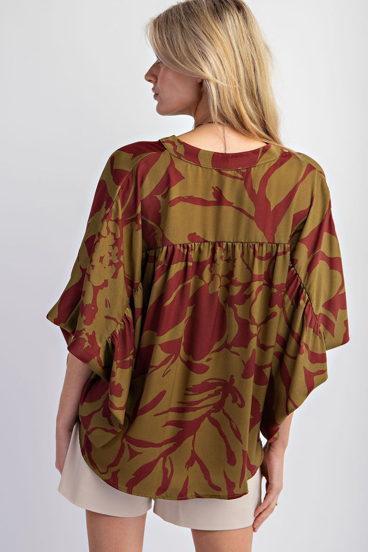 Easel Dolman Sleeve Printed Mirabelle Satin Button Down Shirt