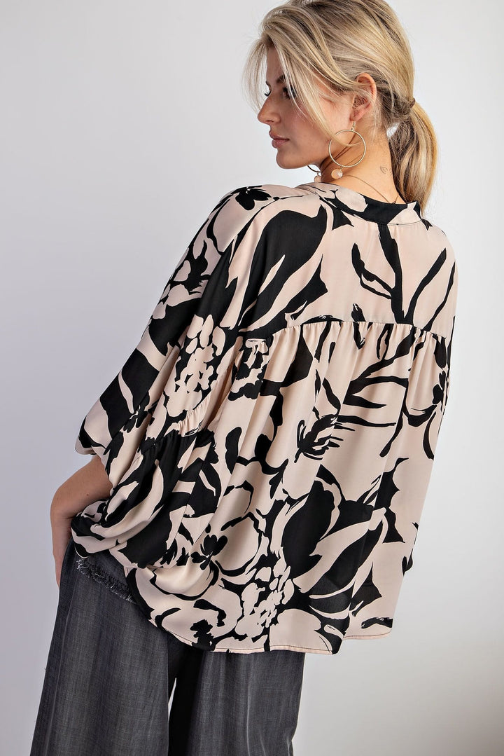 Easel Dolman Sleeve Printed Mirabelle Satin Button Down Shirt