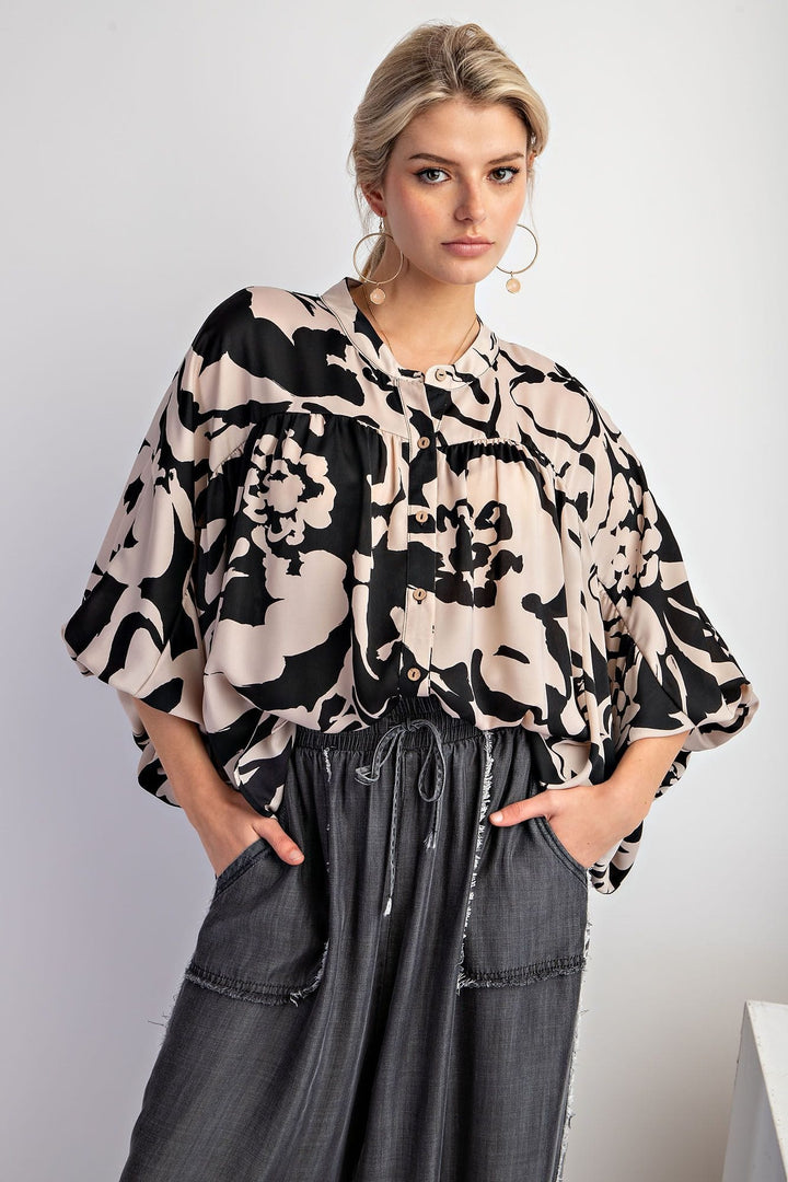 Easel Dolman Sleeve Printed Mirabelle Satin Button Down Shirt