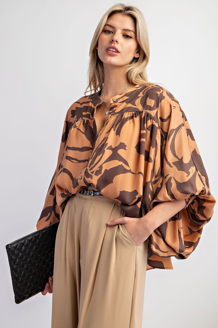 Easel Dolman Sleeve Printed Mirabelle Satin Button Down Shirt