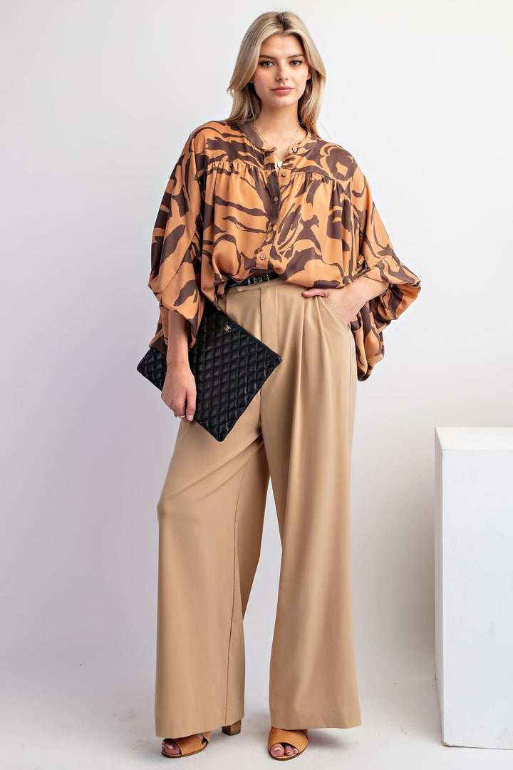 Easel Dolman Sleeve Printed Mirabelle Satin Button Down Shirt