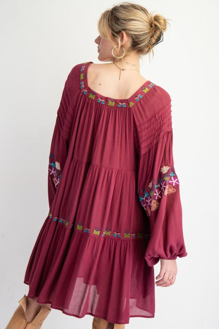 Easel Embroidered Detailing Rayon Gauze Woven Midi Dress