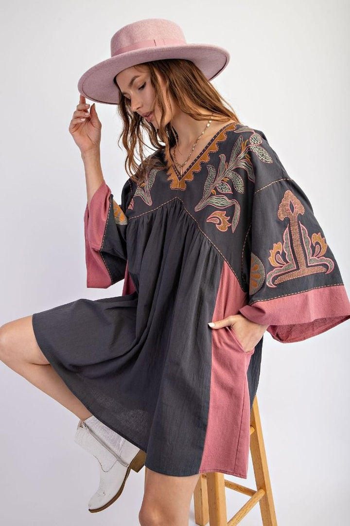 Easel Embroidered Poly Linen Woven Dress