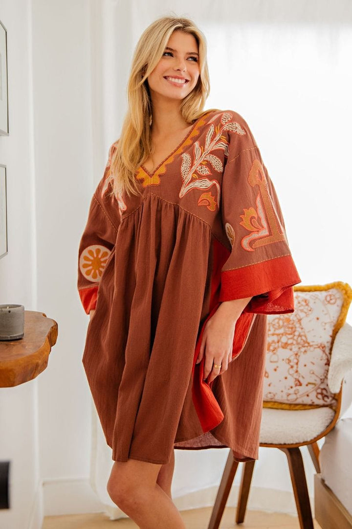 Easel Embroidered Poly Linen Woven Dress