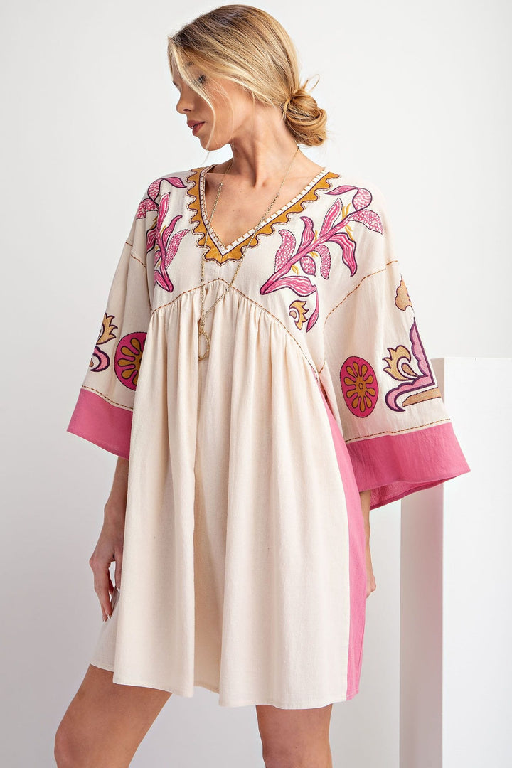 Easel Embroidered Poly Linen Woven Dress