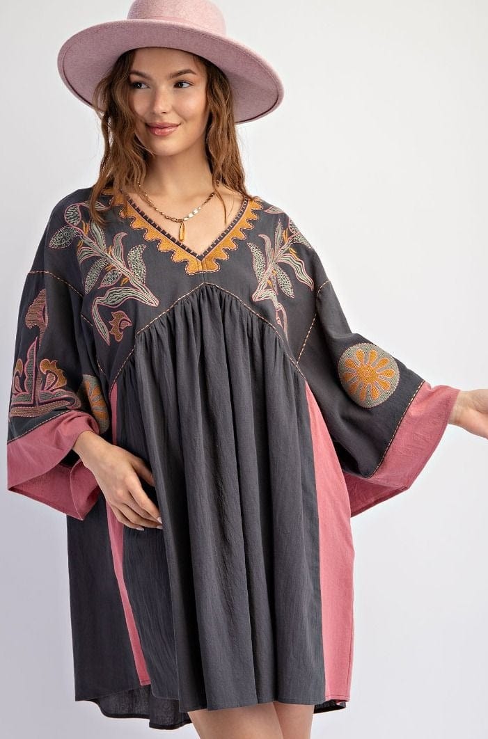 Easel Embroidered Poly Linen Woven Dress