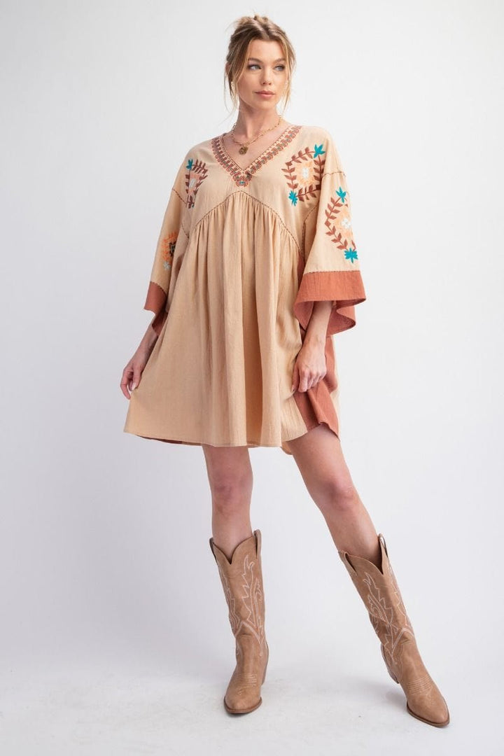 Easel Embroidered Poly Linen Woven Dress with Side Pockets