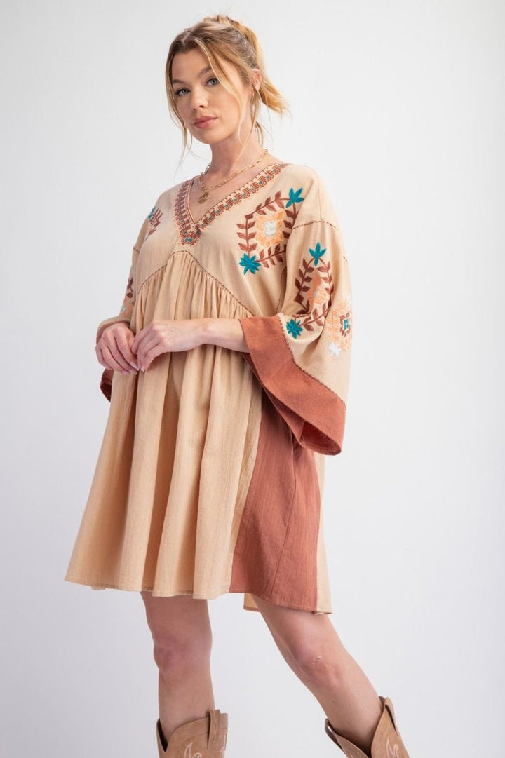 Easel Embroidered Poly Linen Woven Dress with Side Pockets