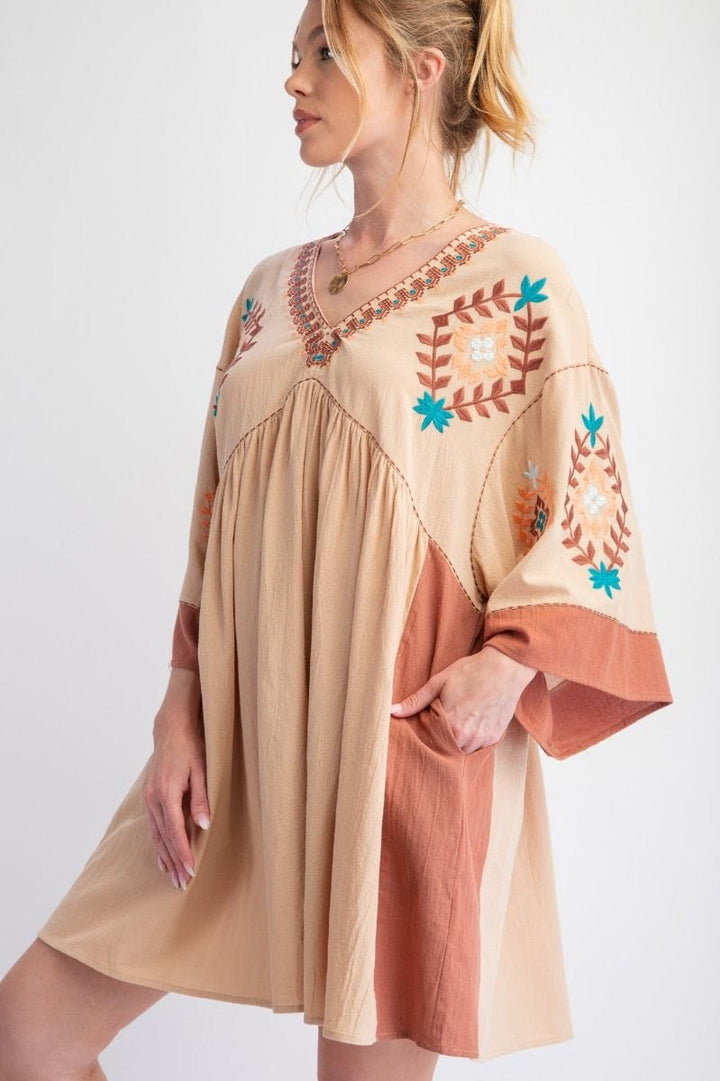 Easel Embroidered Poly Linen Woven Dress with Side Pockets