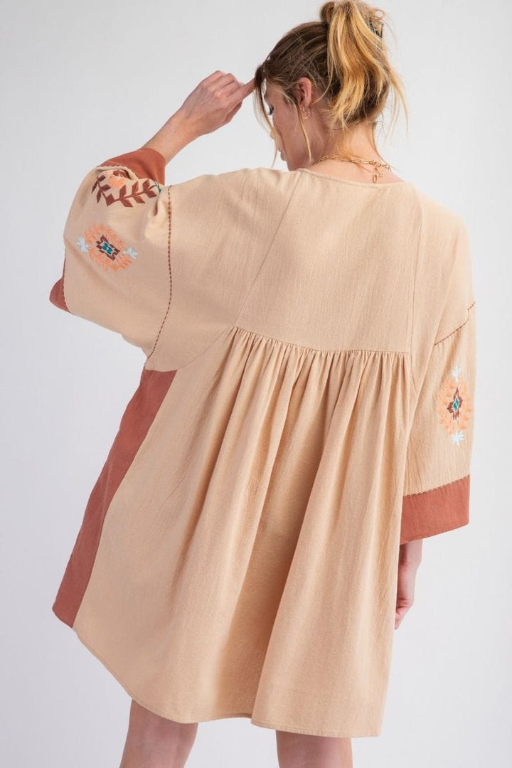 Easel Embroidered Poly Linen Woven Dress with Side Pockets