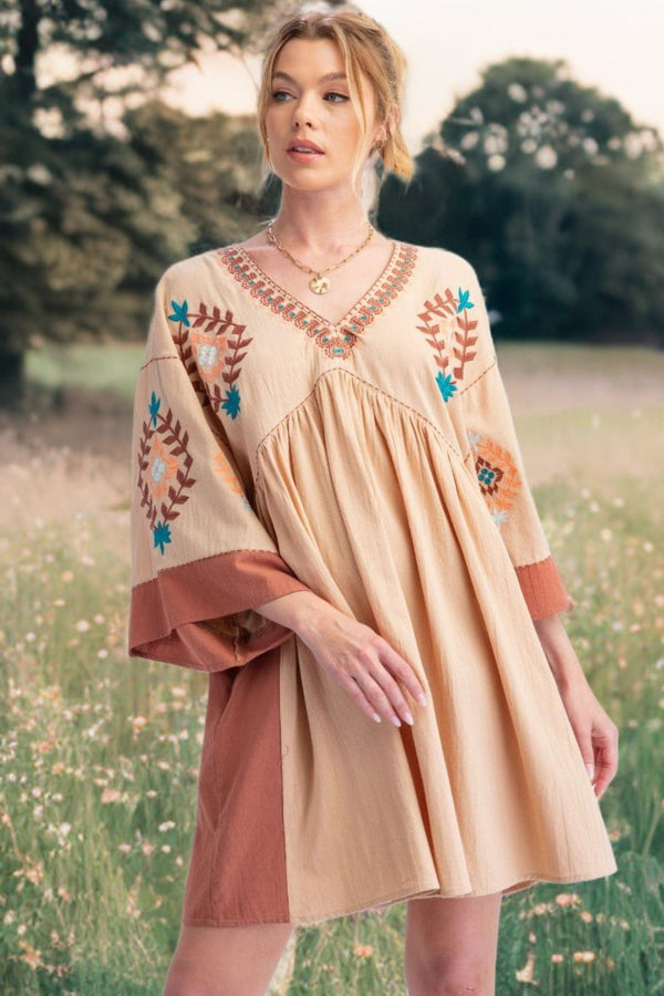 Easel Embroidered Poly Linen Woven Dress with Side Pockets