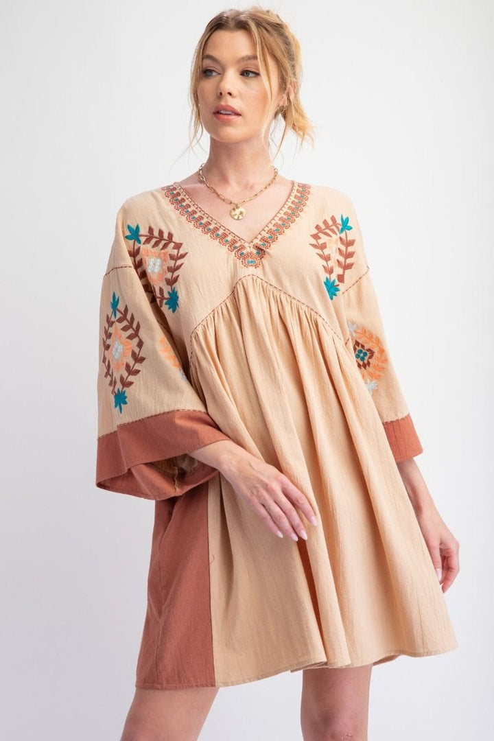 Easel Embroidered Poly Linen Woven Dress with Side Pockets