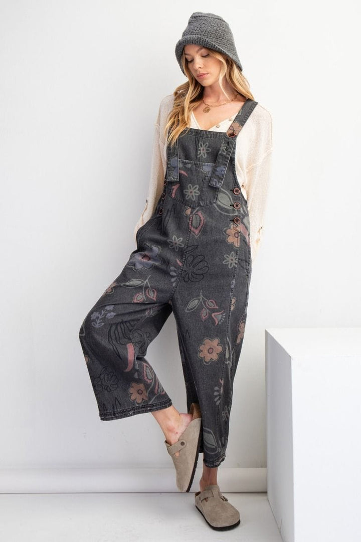 Easel Floral Print Washed Denim Jumpsuit Pants