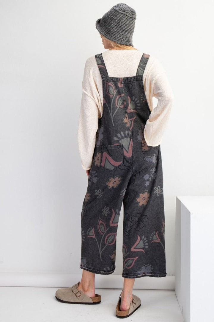 Easel Floral Print Washed Denim Jumpsuit Pants