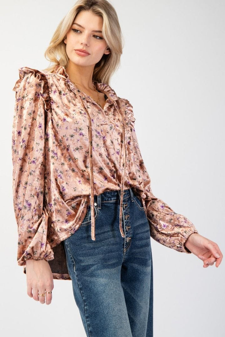 Easel Floral Printed V-Neck Self Tie Bubble Sleeve Velour Top