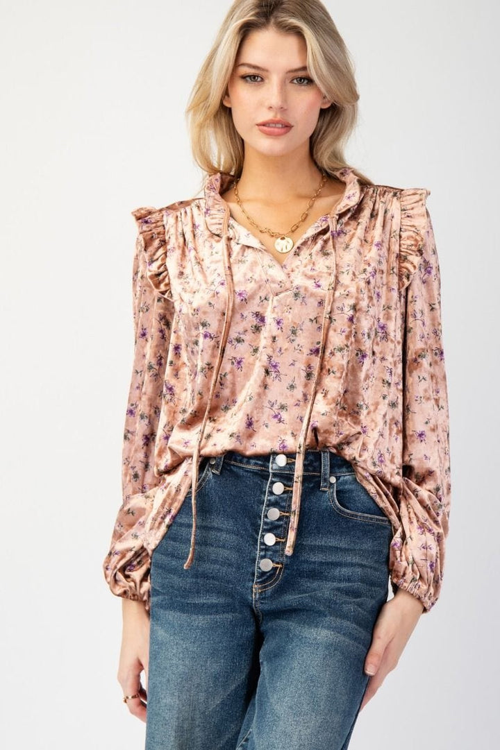 Easel Floral Printed V-Neck Self Tie Bubble Sleeve Velour Top