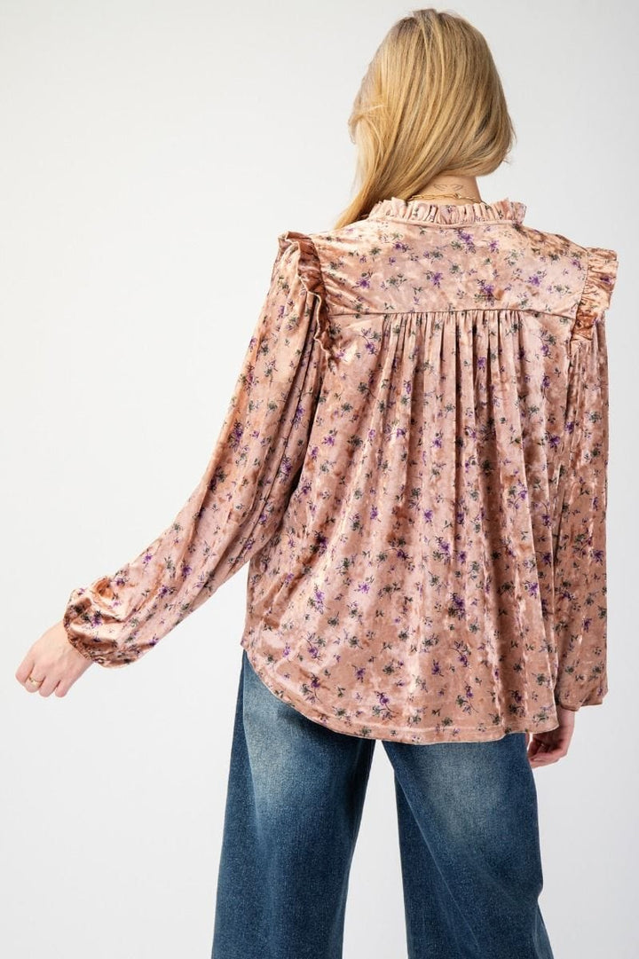 Easel Floral Printed V-Neck Self Tie Bubble Sleeve Velour Top