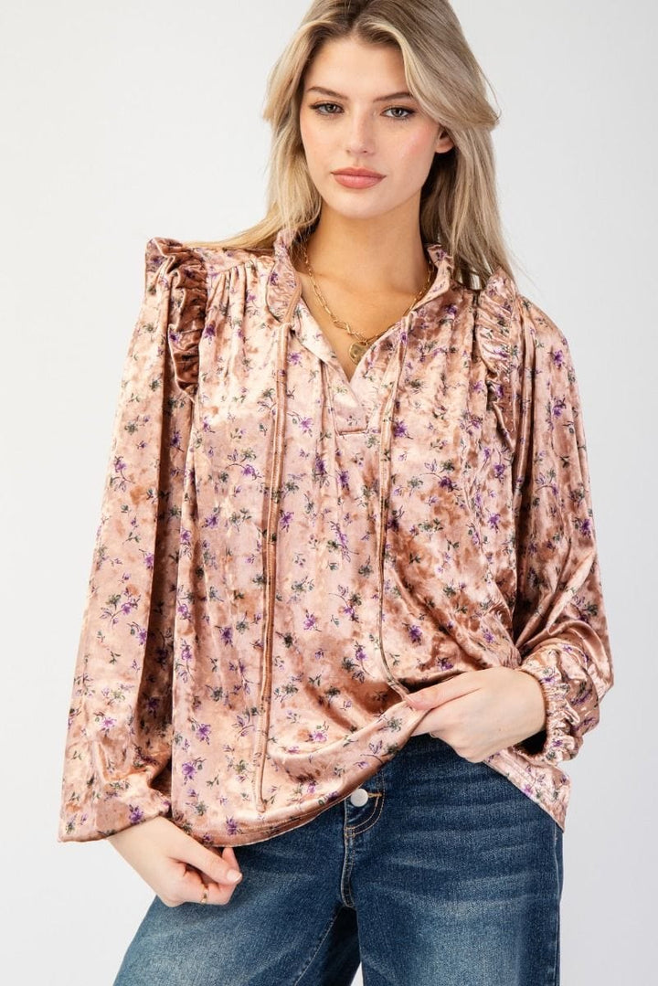 Easel Floral Printed V-Neck Self Tie Bubble Sleeve Velour Top