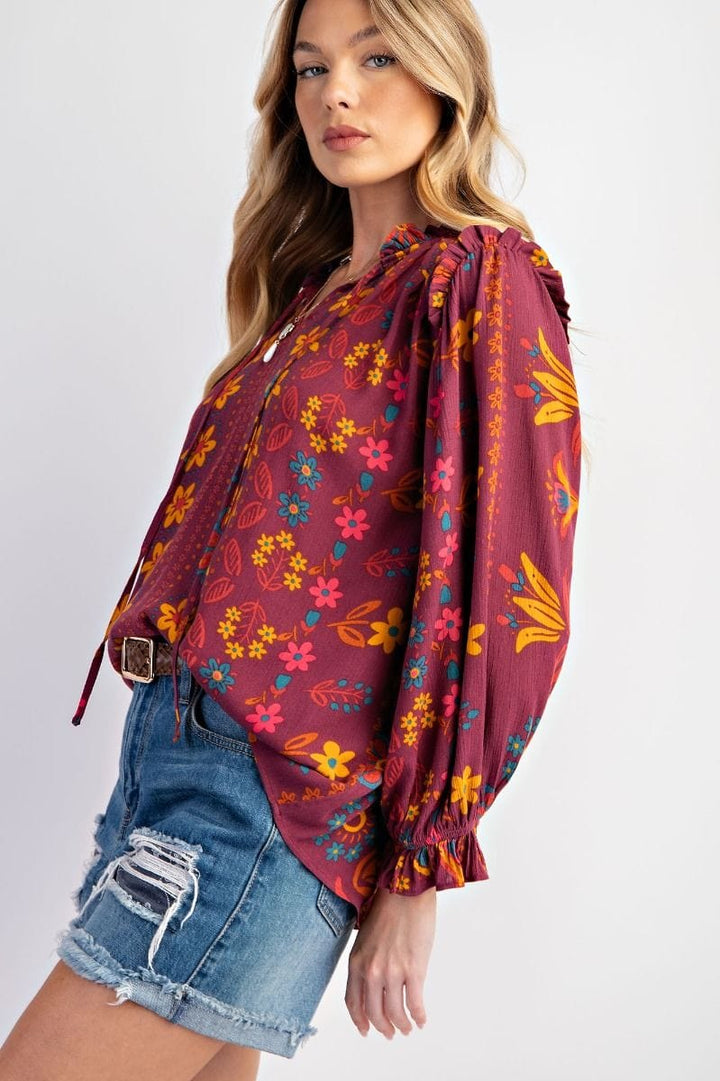 Easel Floral Printed Woven Gauze Blouse with Self Tie Split Neck