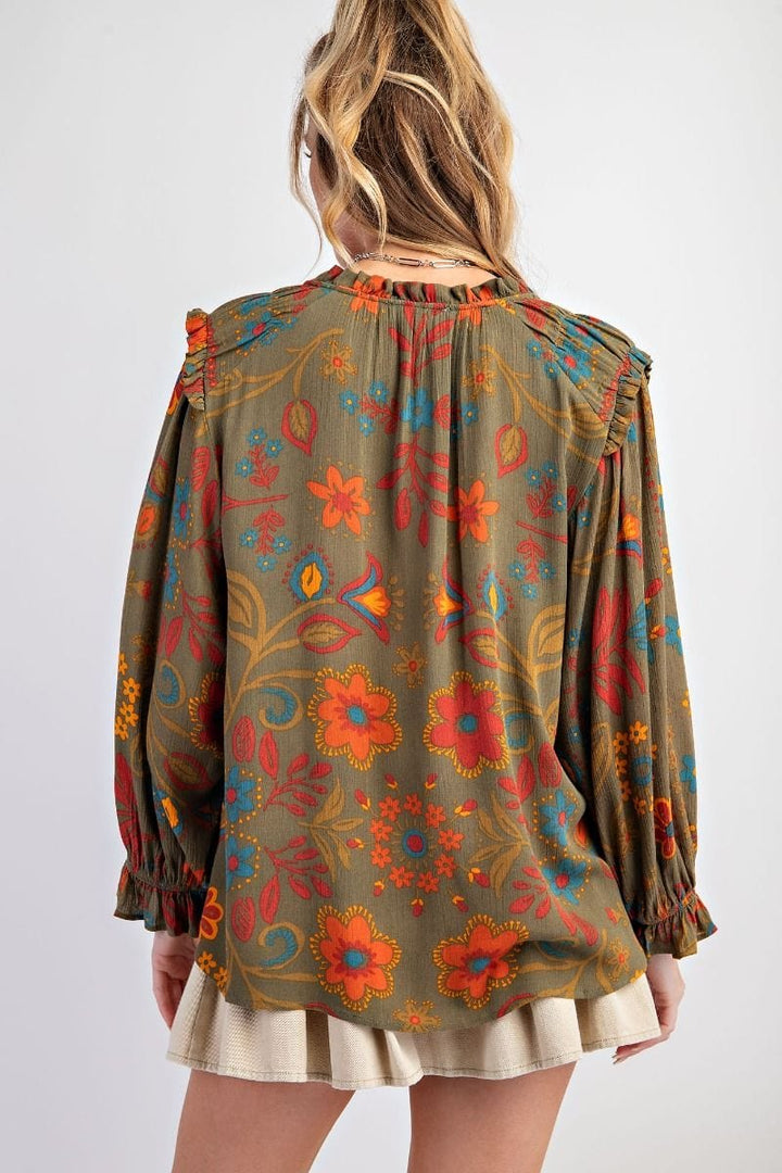 Easel Floral Printed Woven Gauze Blouse with Self Tie Split Neck