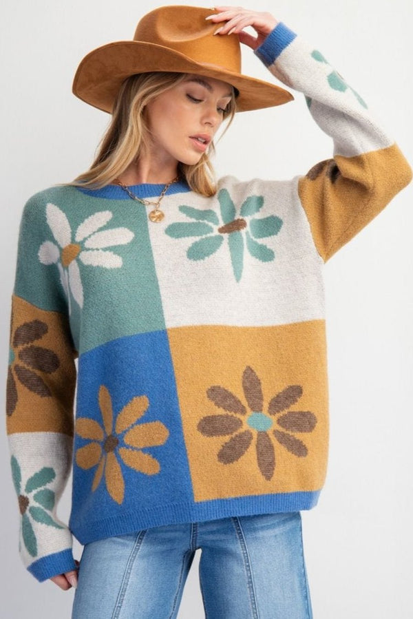 Easel Flower Color Block Knit Sweater Pullover