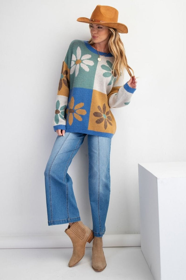 Easel Flower Color Block Knit Sweater Pullover