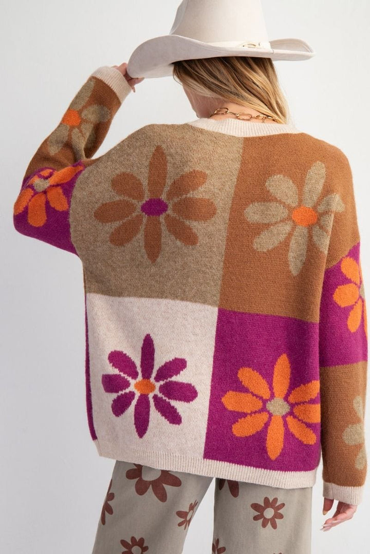 Easel Flower Color Block Knit Sweater Pullover