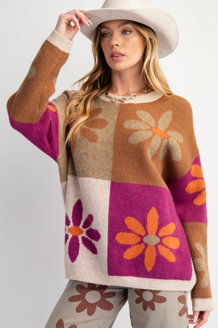 Easel Flower Color Block Knit Sweater Pullover