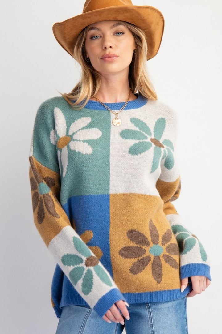 Easel Flower Color Block Knit Sweater Pullover