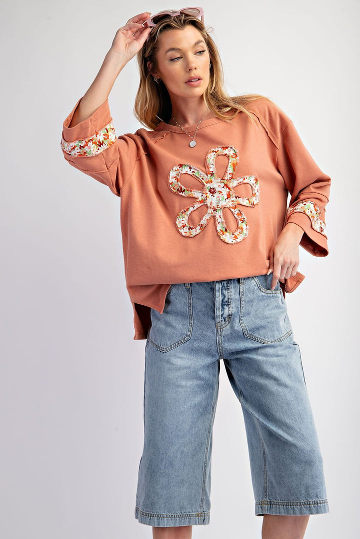 Easel Flower Patch Front Drop Shoulder Terry Knit Top