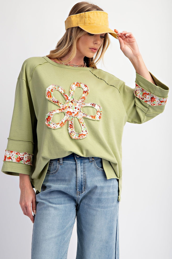 Easel Flower Patch Front Drop Shoulder Terry Knit Top