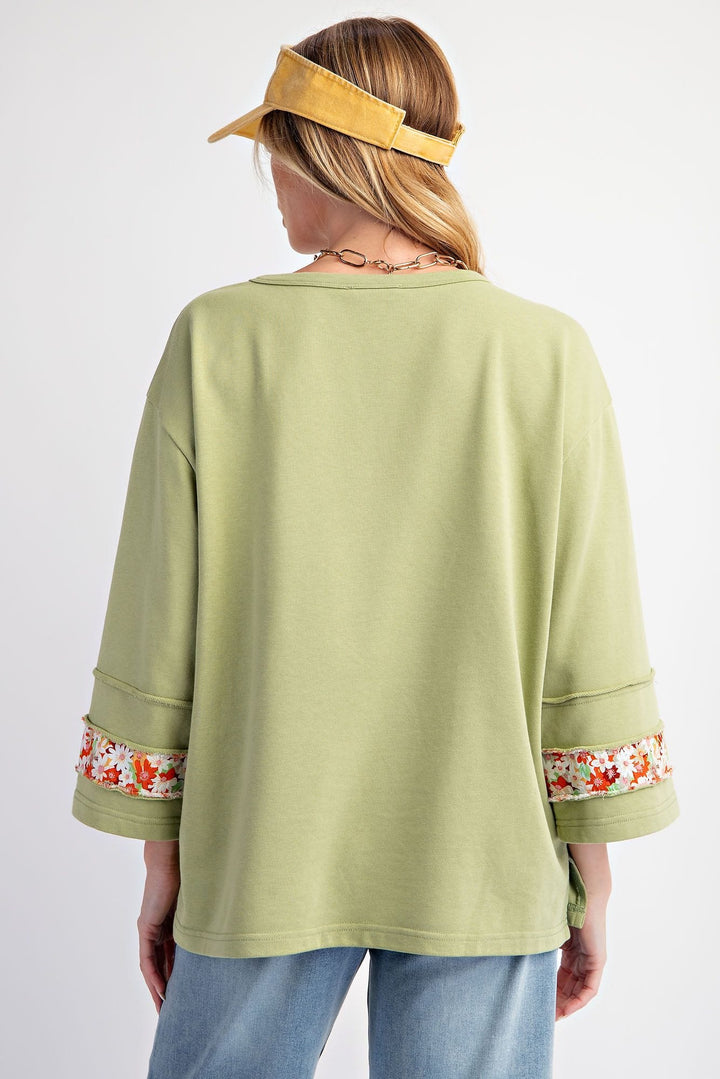 Easel Flower Patch Front Drop Shoulder Terry Knit Top