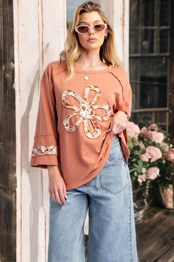 Easel Flower Patch Front Drop Shoulder Terry Knit Top