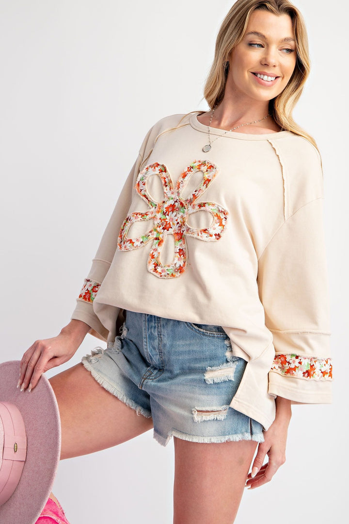 Easel Flower Patch Front Drop Shoulder Terry Knit Top