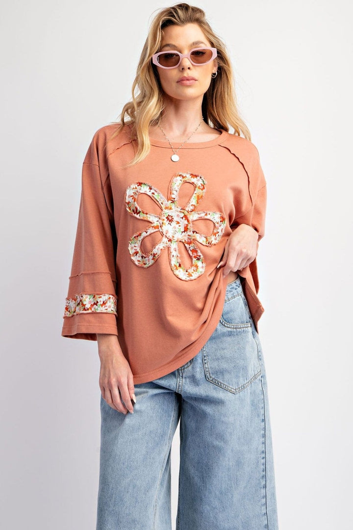 Easel Flower Patch Front Drop Shoulder Terry Knit Top