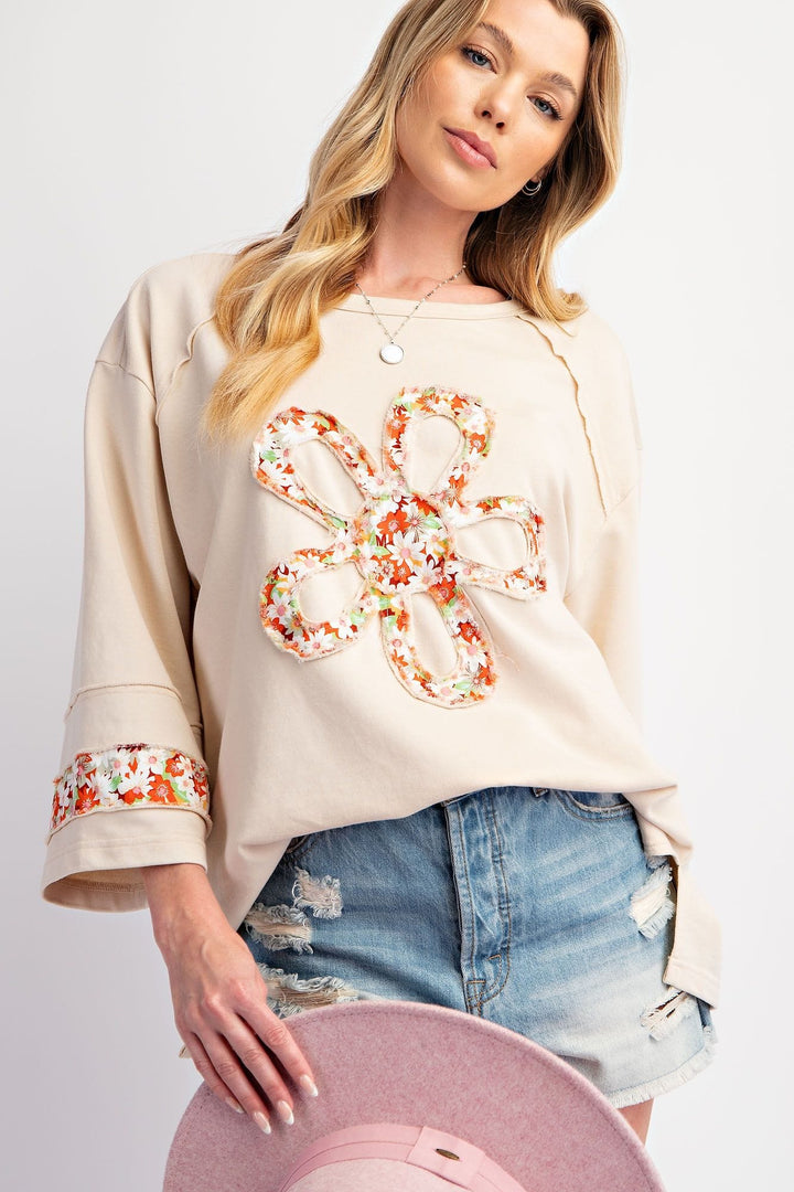 Easel Flower Patch Front Drop Shoulder Terry Knit Top